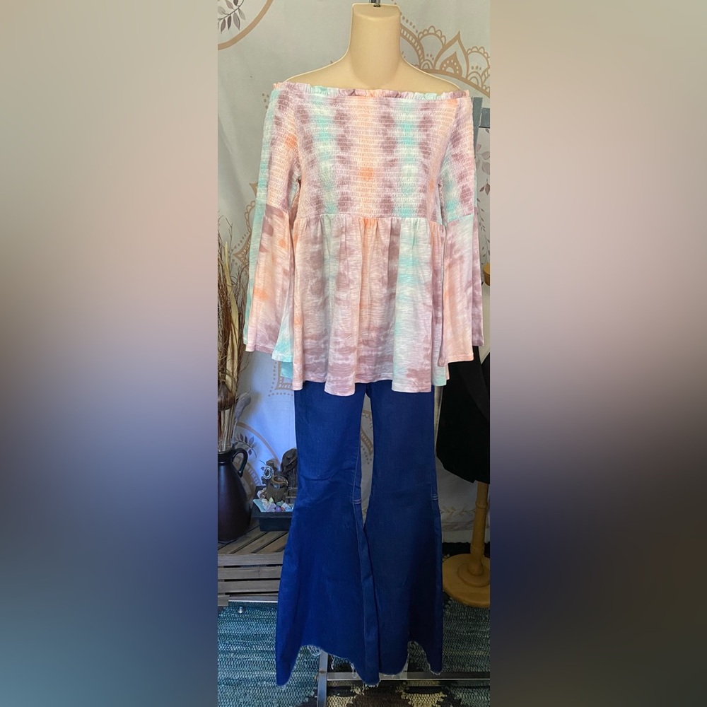 Torrid Sz 2 Pastel Tie Dye Smocked Off Shoulder Babydoll Top Bell 18/20